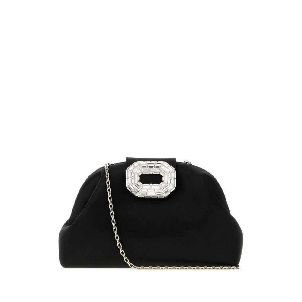Amina Muaddi Women Black Satin Camelia Clutch